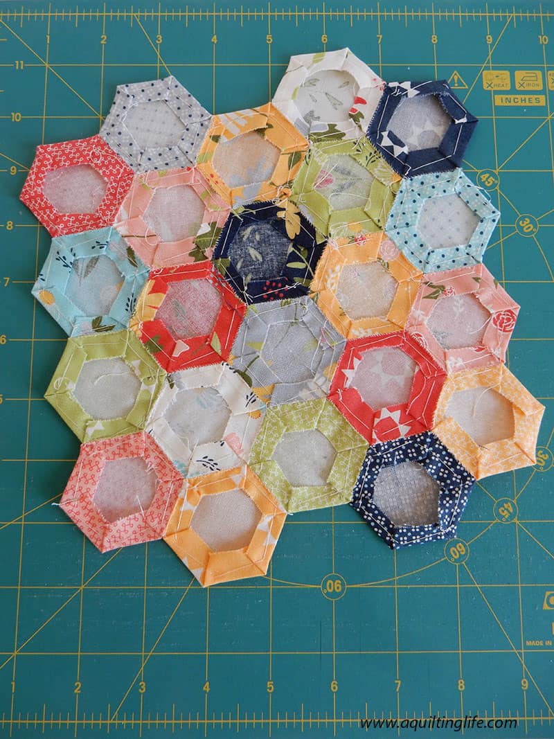 hexagons sewn with papers removed