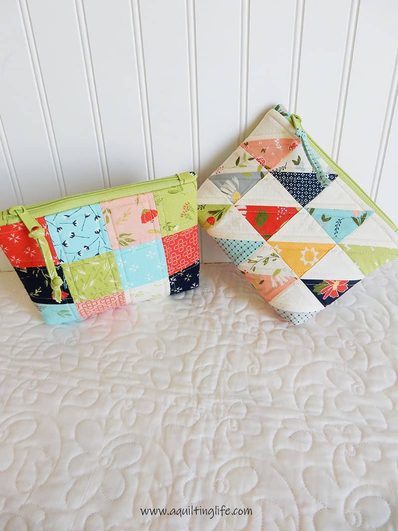 Patchwork pouches with easy zipper tab pulls