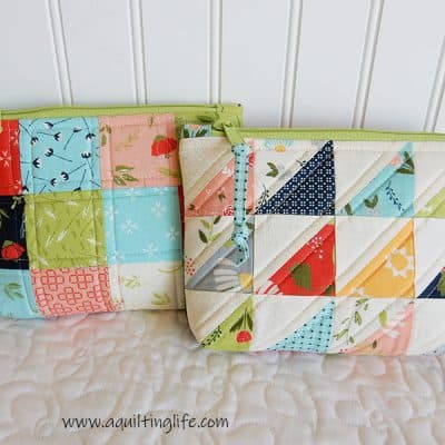 Patchwork pouches with zipper tab pulls