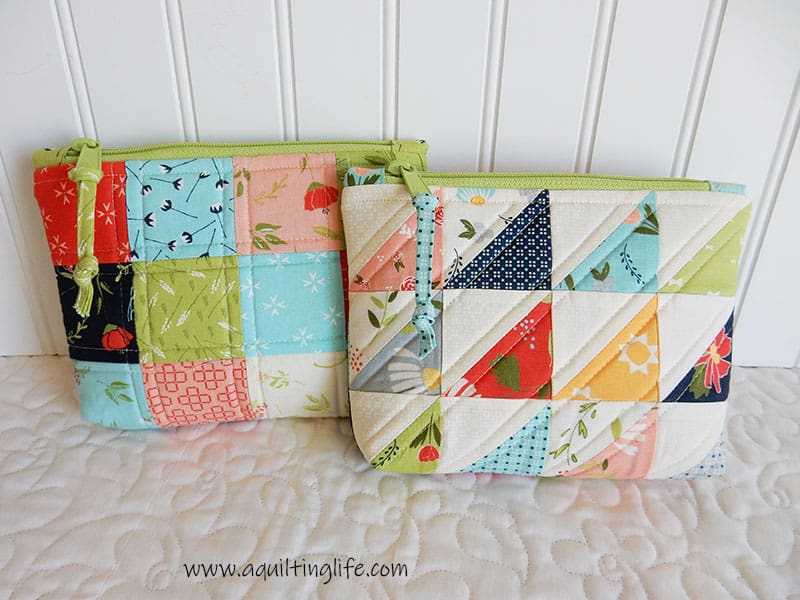 Patchwork pouches with zipper tab pulls