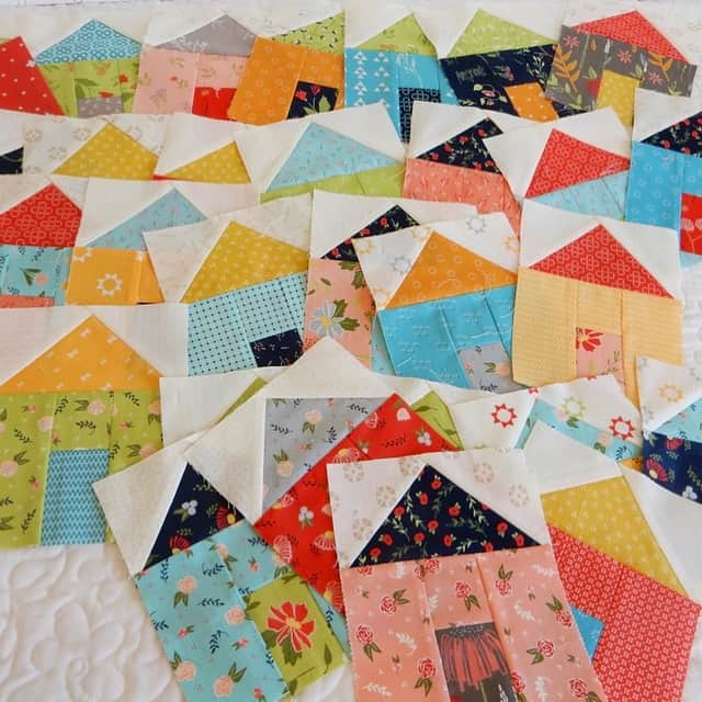 Village House Blocks with Fabrics by A Quilting Life

