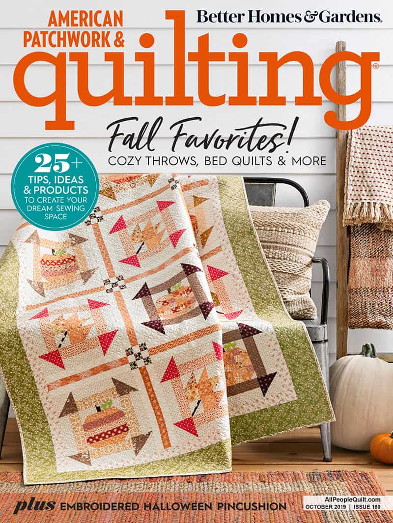 Fall Dash cover image | Fall Dash Quilt in APQ by popular quilting blog, A Quilting Life: image of a fall dash quilt on the cover of American Patchwork and Quilting magazine.
