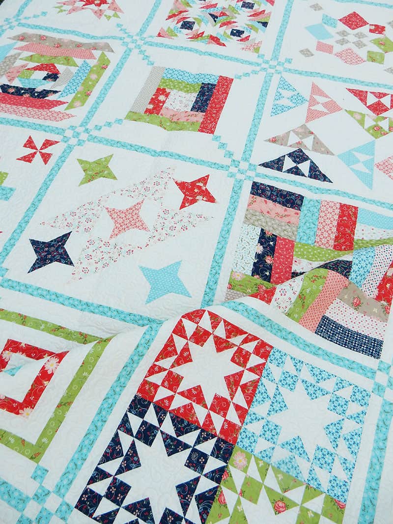 Sunday Best Sampler Quilt by popular quilting blog, A Quilting Life: close up image of sampler quilt.