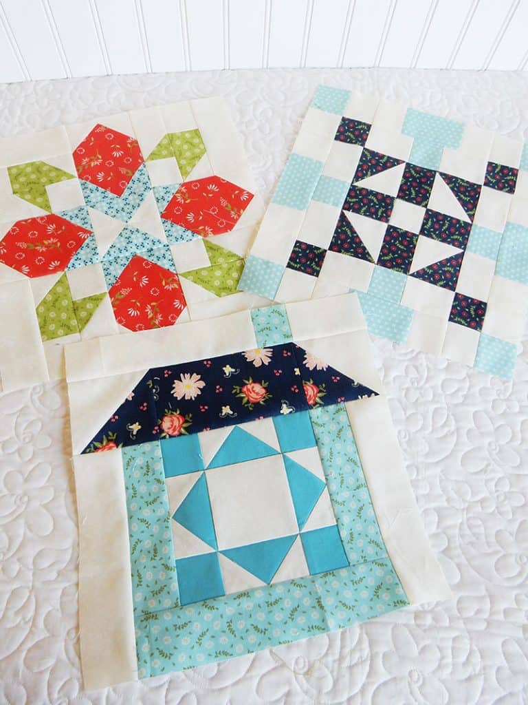 Merry Mini Christmas Sew Along Block 3 by popular quilting blog, A Quilting Life: image of 3 mini Christmas block quilts.