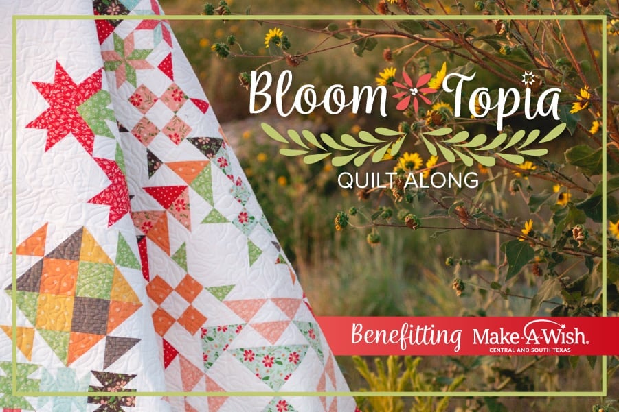 Bloom-Topia Charity Quilt Along by popular US quilting blog, A Quilting Life: image of a Bloom Topia digital ad.