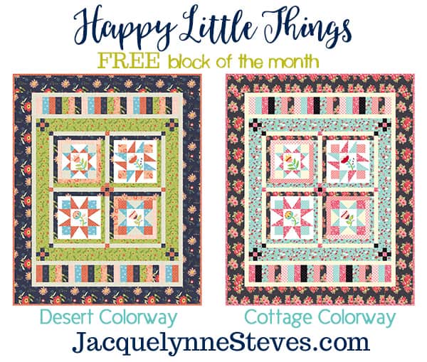Happy Little Things Block of the Month Border & Finishing by popular Utah quilting blog, A Quilting Life: graphic image of a Desert colorway quilt and Cottage colorway quilt. 