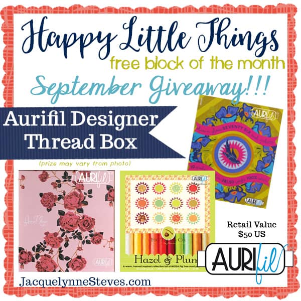 happy little things september giveaway prize | Happy Little Things Free Block of the Month Pattern + Giveaway by popular quilting blog, A Quilting Life: collage image of Aurifil quilting giveaway prizes.