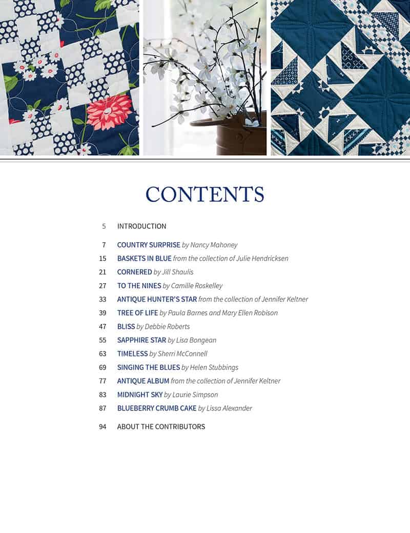 Blue & White Quilts Table of Contents | Blue & White Quilts Book by popular Utah quilting blog, A Quilting Life: image of a the Table of Contents in the Blue and White Quilts book. 