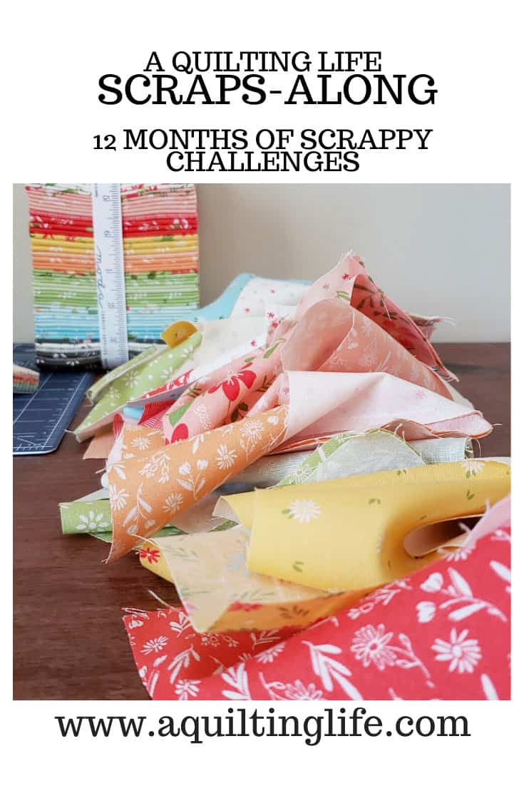 Scraps Along: 12 Months of Scrappy Challenges featured by Top US Quilting Blog, A Quilting Life: image of fabric scraps and fat quarter bundle.