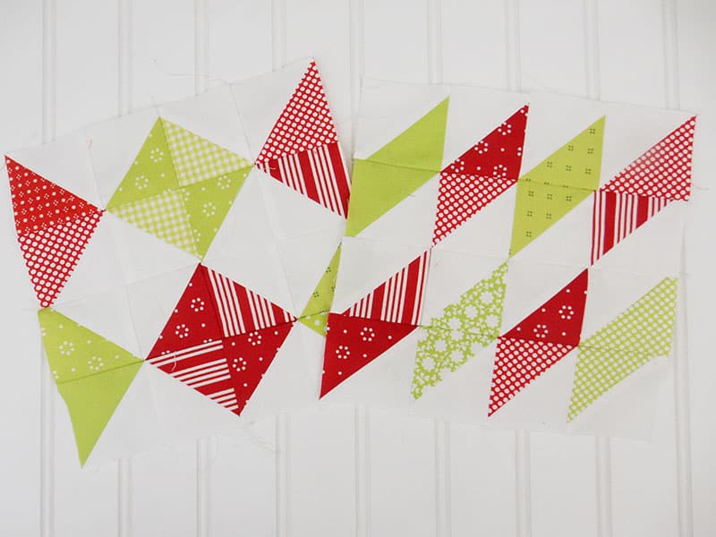 red and green half-square triangle blocks | A Quilting Life Block of the Month December 2019 by popular Utah quilting blog, A Quilting Life: image of red and green half-square triangle blocks.