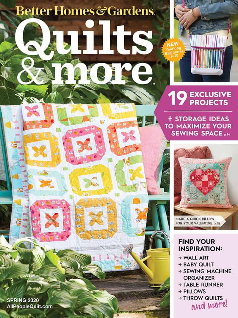 Charm Square Baby Quilt in Quilts & More featured by Top US Quilting Blog, A Quilting Life: image of Spring 2020 cover of Quilts & More magazine