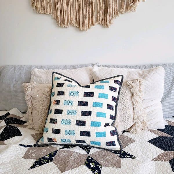 Sherri-McConnell-Pillow-Talk-challenge-2 Pillow Talk "Pillow Fight" featured by Top US Quilting Blog, A Quilting Life: image of scrappy pillow in blues