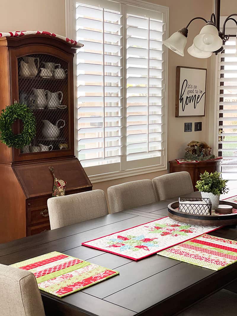 Saturday Seven 159 featured by Top US Quilting Blog, A Quilting Life: image of Kitchen Table with Christmas runner and placemats