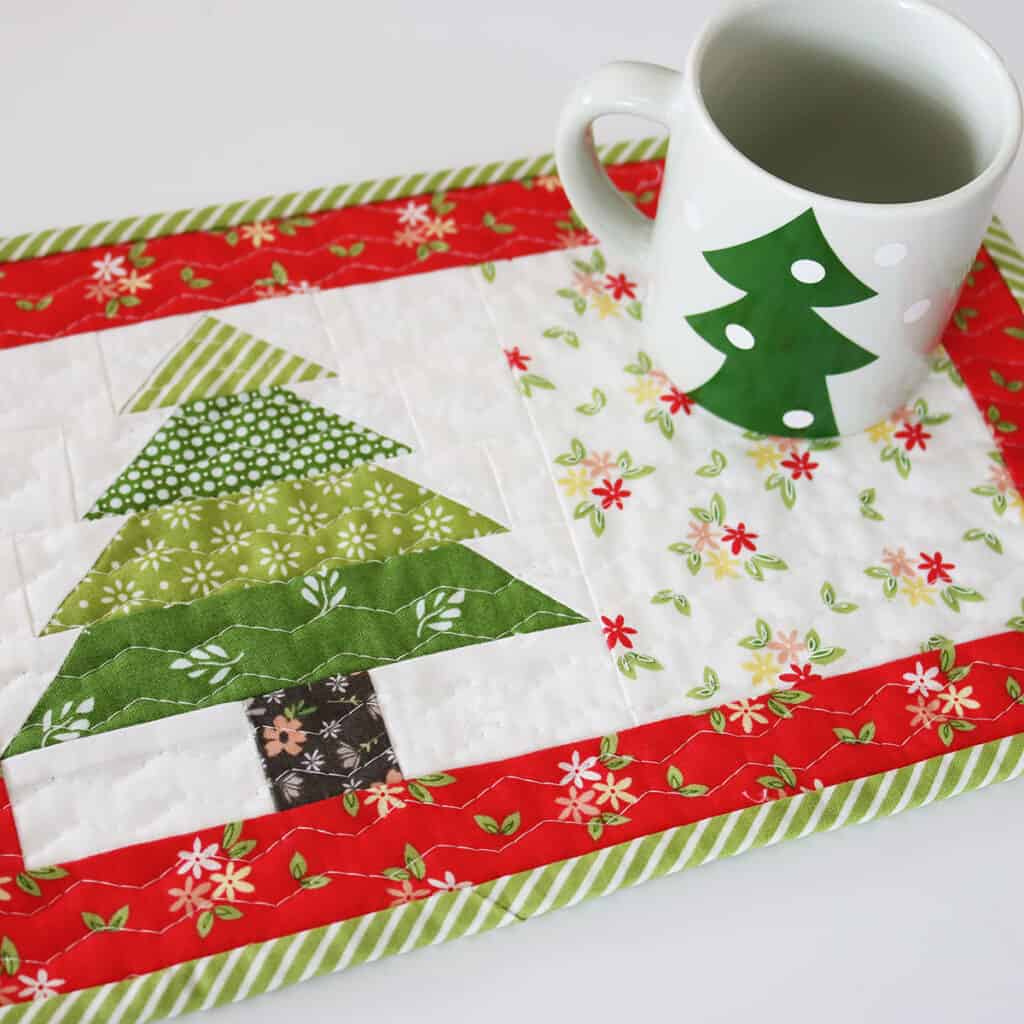 Christmas Tree Mug Rug + Pillow featured by Top US Quilt Blog, A Quilting Life