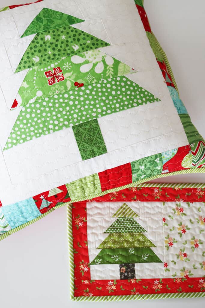 Christmas Tree Mug Rug + Pillow featured by Top US Quilt Blog, A Quilting Life