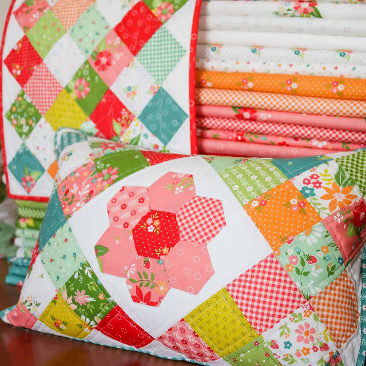 Patchwork pillow and table mat in colorful cotton fabrics