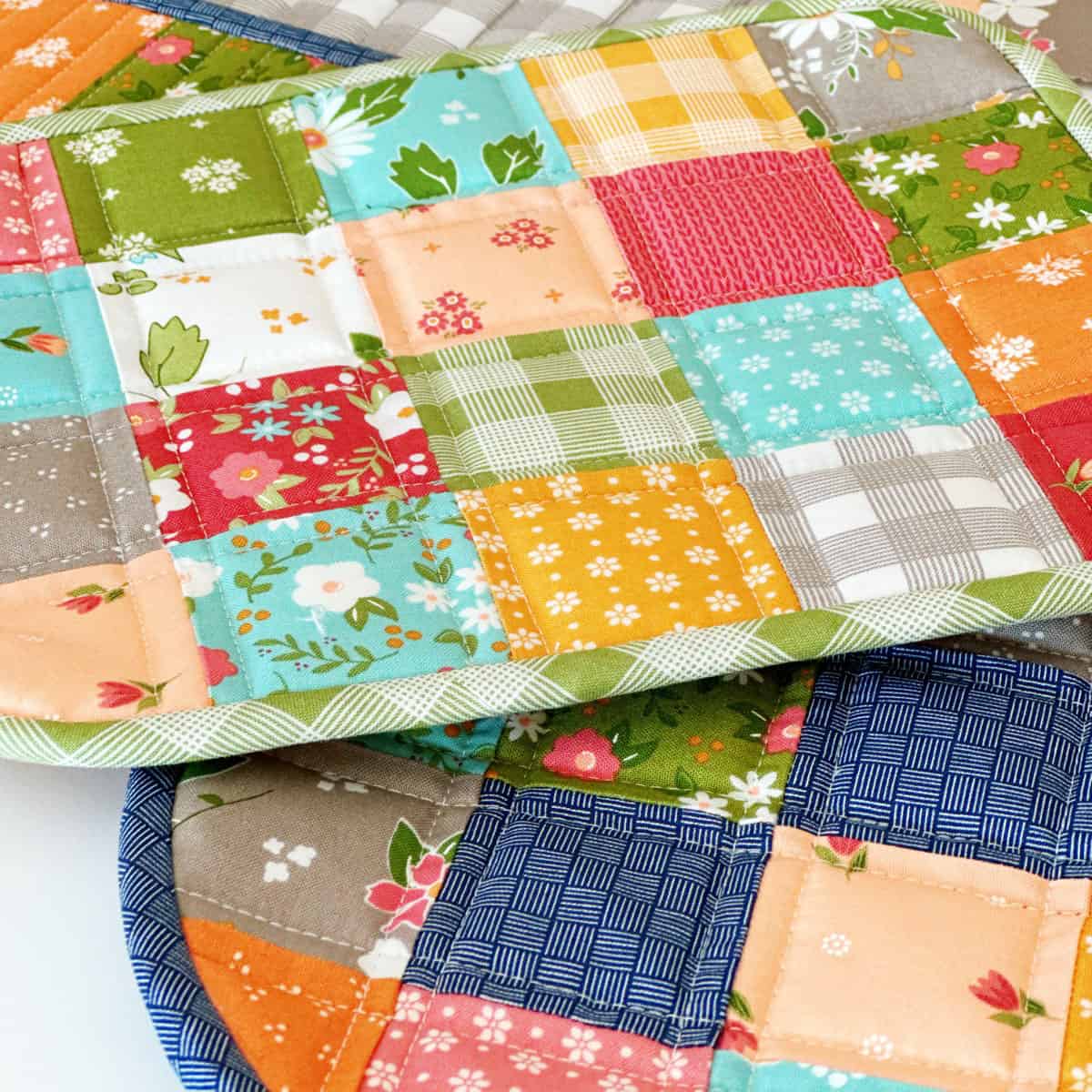 Quilted patchwork potholders by Sherri from A Quilting Life