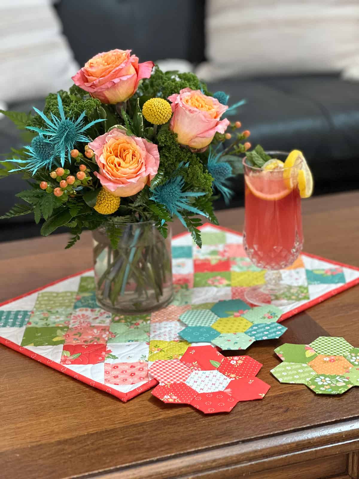 hexagon flower table mat, flowers, and lemonade