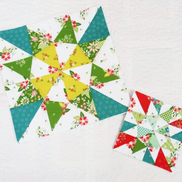 Scrappy quilt blocks in bright colors of teal, green, citrine, red, and aqua
