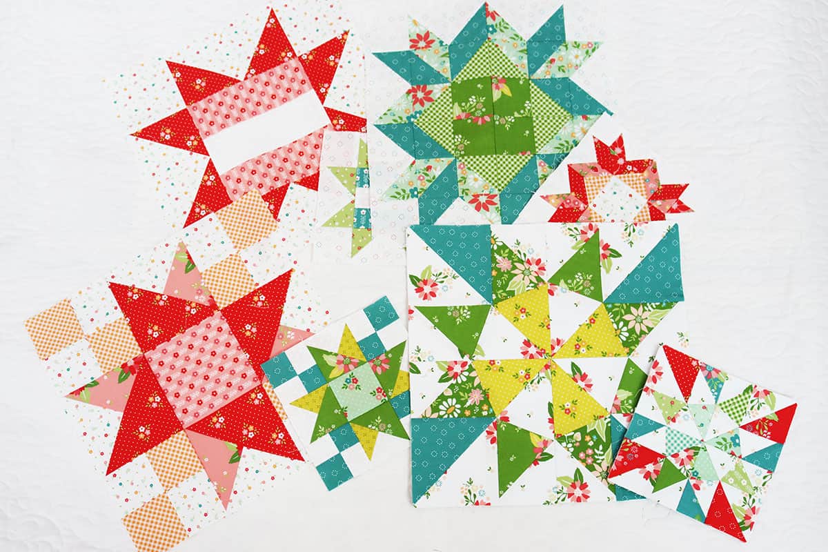 collection of scrappy quilt blocks in bright colors.