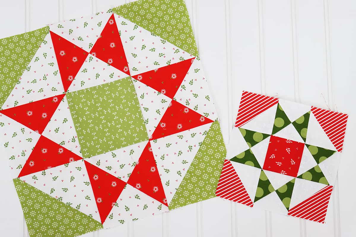 patchwork quilt blocks in red and green