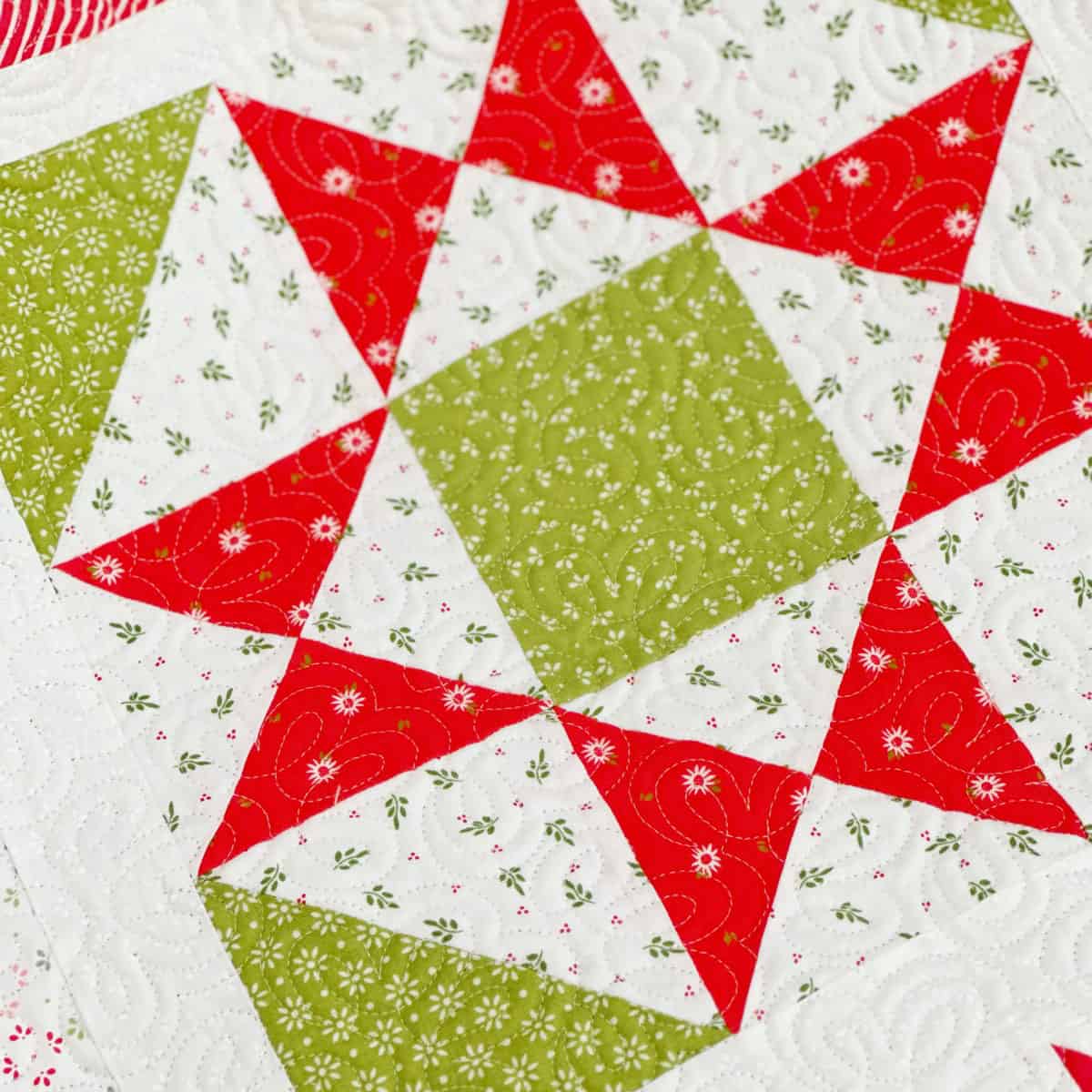 Patchwork  star quilt block in red, green, and leaves and berries fabrics