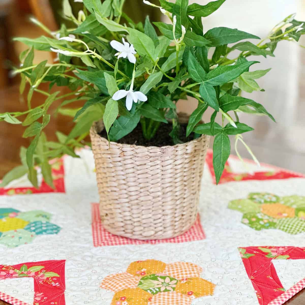 Table topper featuring Grandmother's Flower Garden blocks in bright colors with green plant in basket on top.