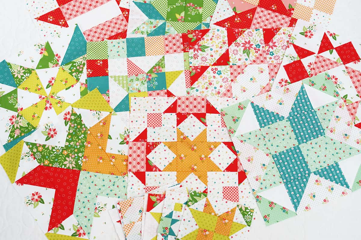 Brightly colored quilt blocks in strawberry lemonade fabrics