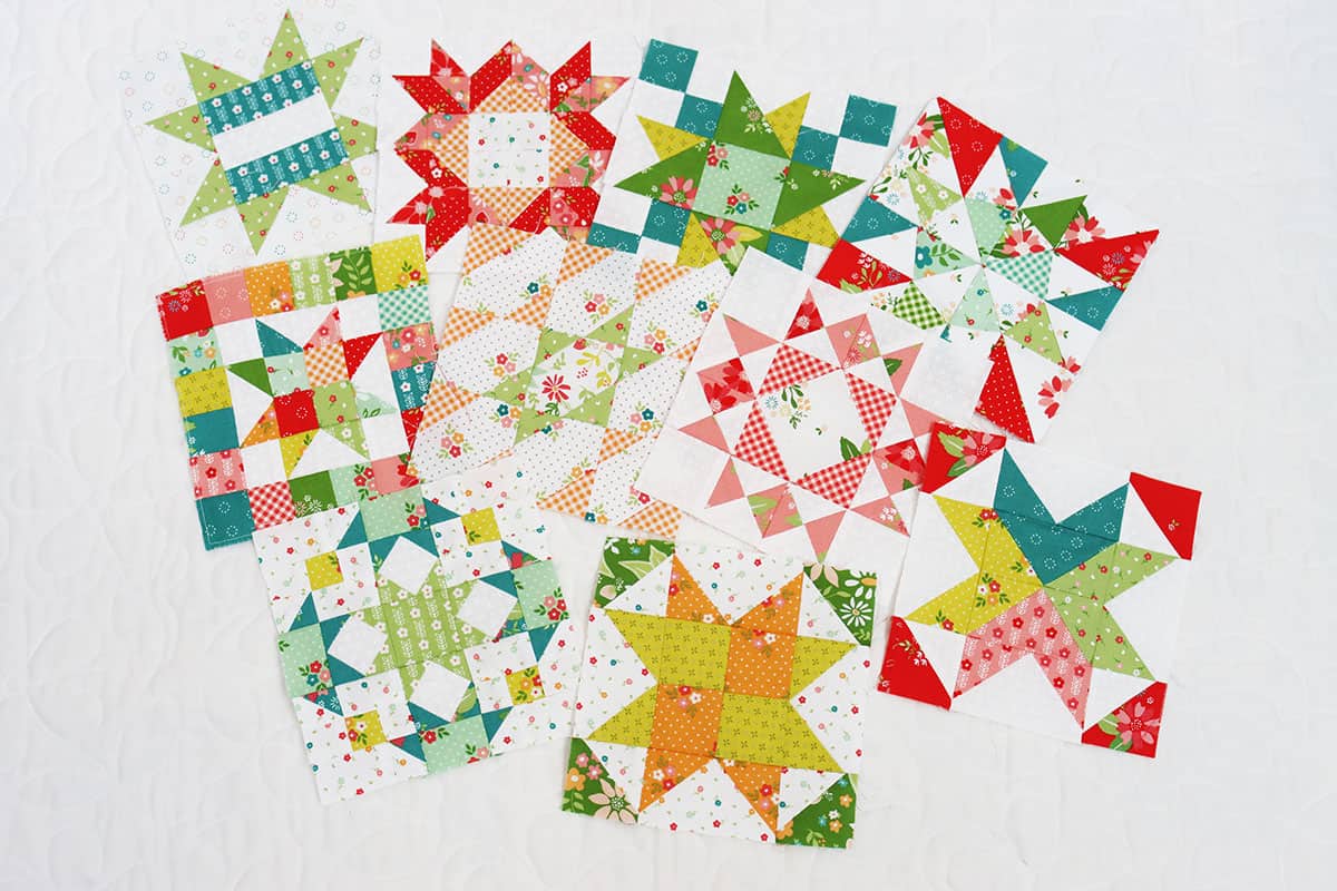 Brightly colored quilt blocks in strawberry lemonade fabrics