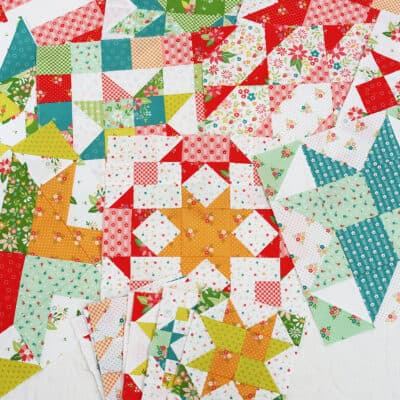 Moda Blockheads 5 Blocks by Sherri McConnell pieced in strawberry Lemonade fabrics