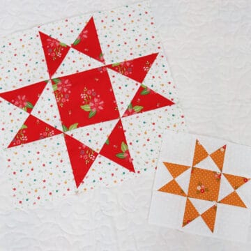 Ohio Star quilt blocks in red and orange prints from the Strawberry Lemonade collection by Sherri & Chelsi for Moda Fabrics
