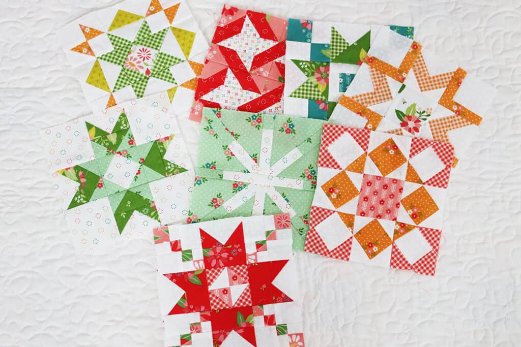 Moda Blockheads 5 quilt blocks in a variety of bright colors.