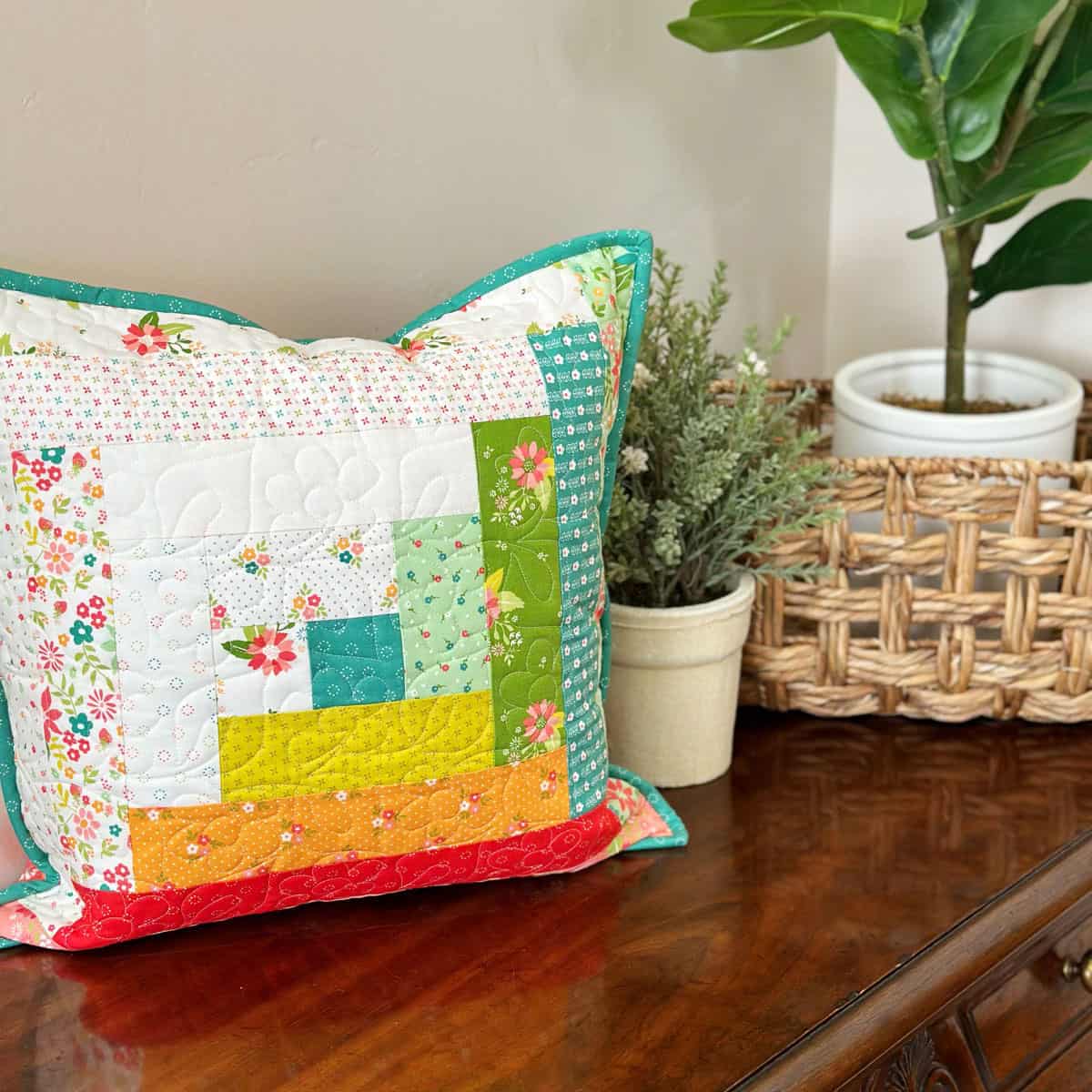 Log Cabin Quilt Block pillow in bright fabrics