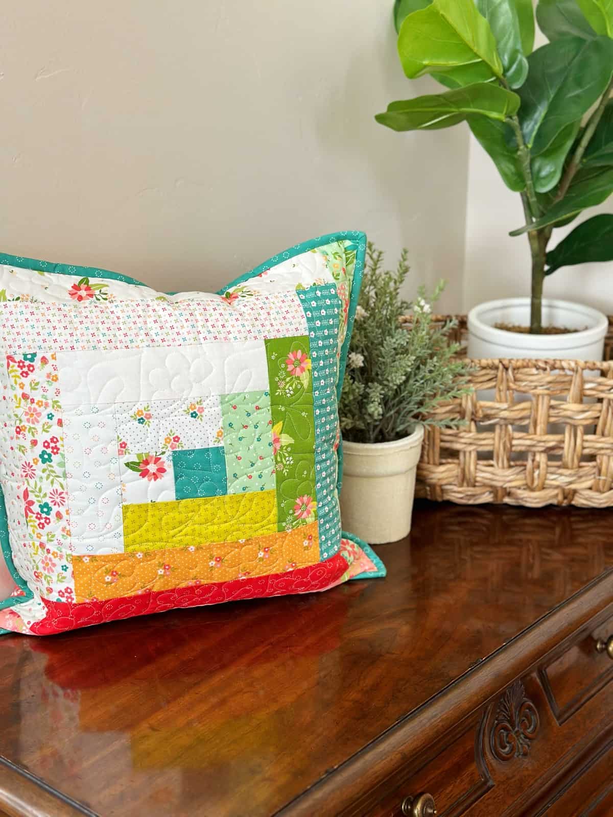 Scrappy Log Cabin Pillow in Strawberry Lemonade Fabrics