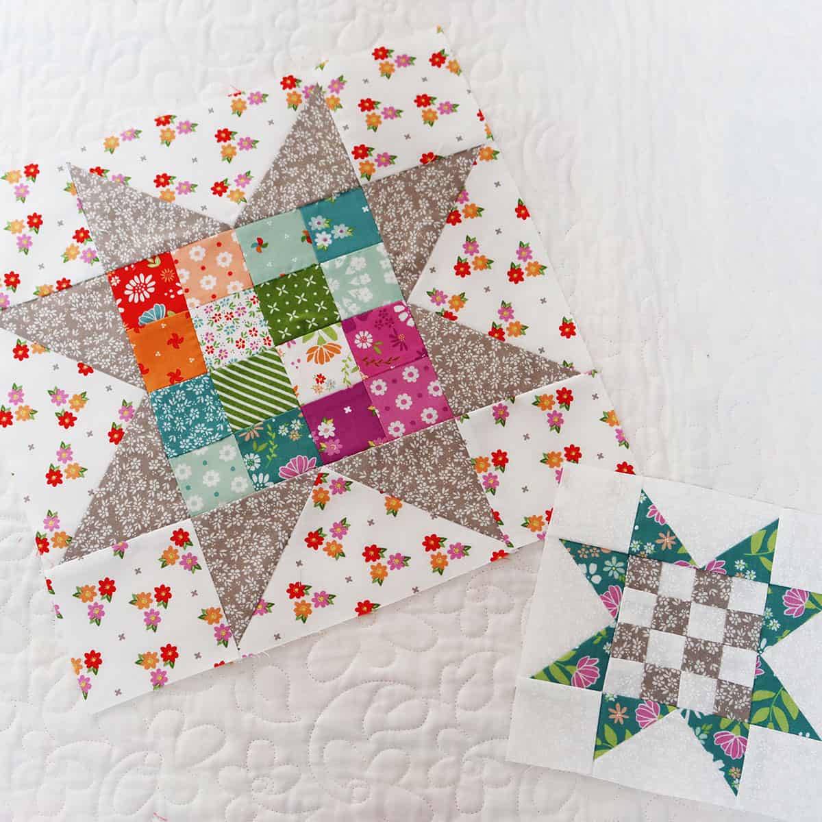 Scrappy Patchwork Star blocks in Laguna Sunrise fabrics by Sherri & Chelsi for Moda Fabrics.