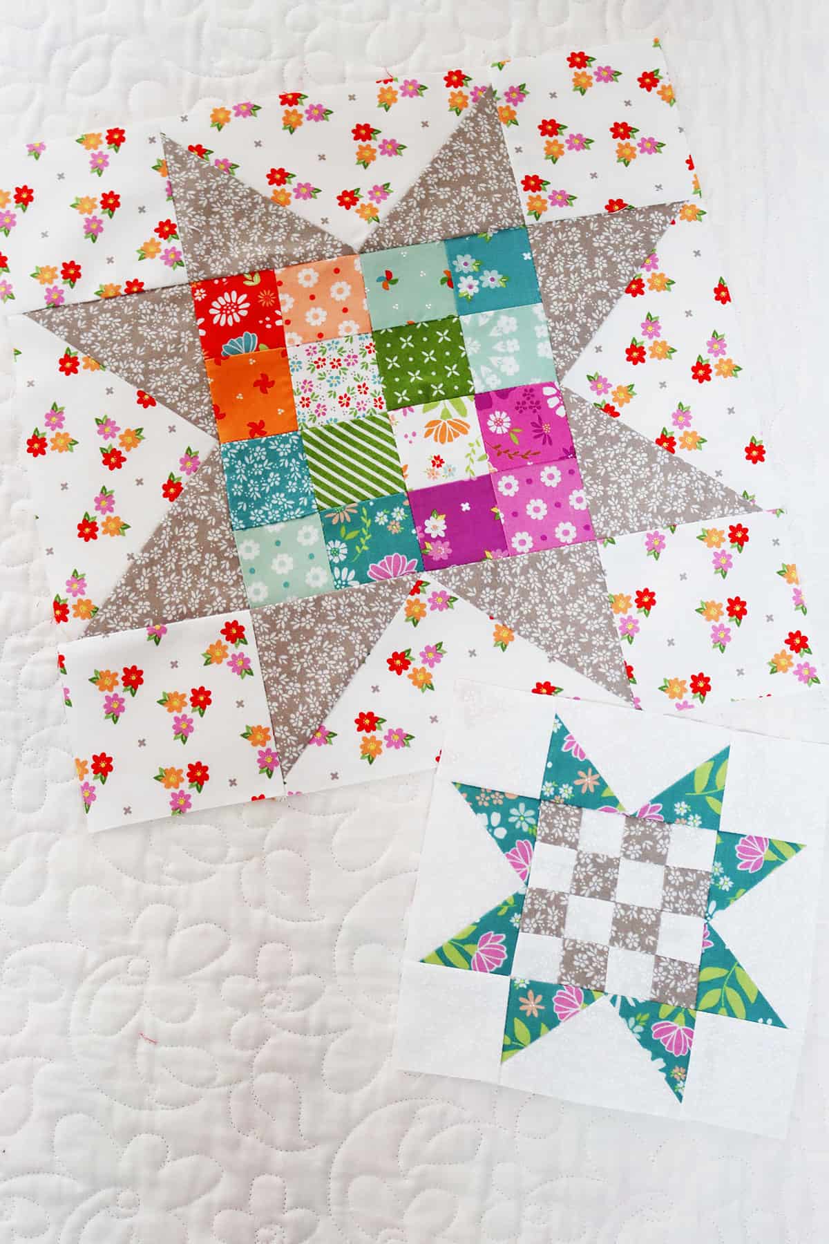 Scrappy Patchwork Star blocks in Laguna Sunrise fabrics by Sherri & Chelsi for Moda Fabrics.