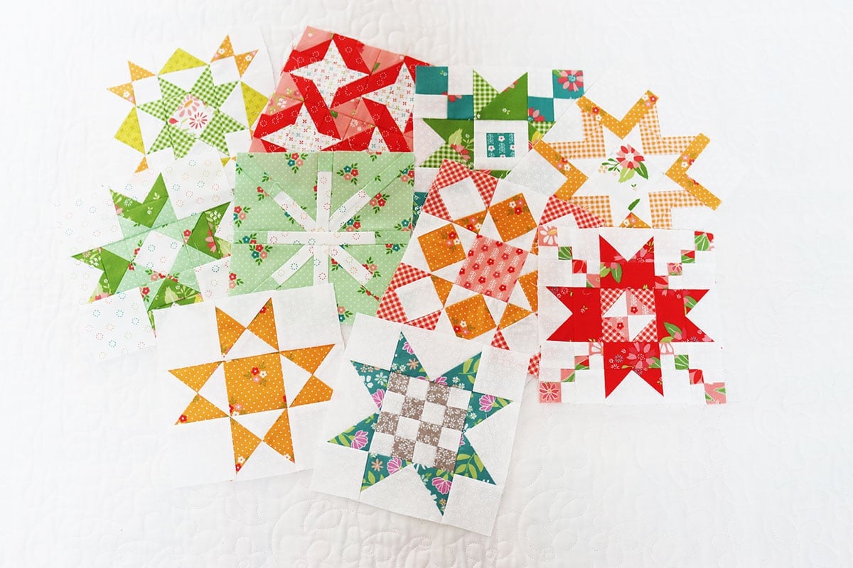 Scrappy Patchwork Star blocks in Laguna Sunrise fabrics by Sherri & Chelsi for Moda Fabrics.