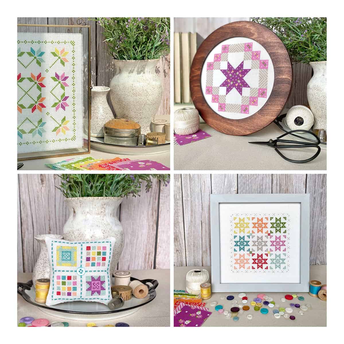 Cross Stitch projects collage in bright spring colors