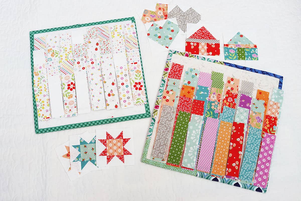 House, star, and heart blocks with fabric strips