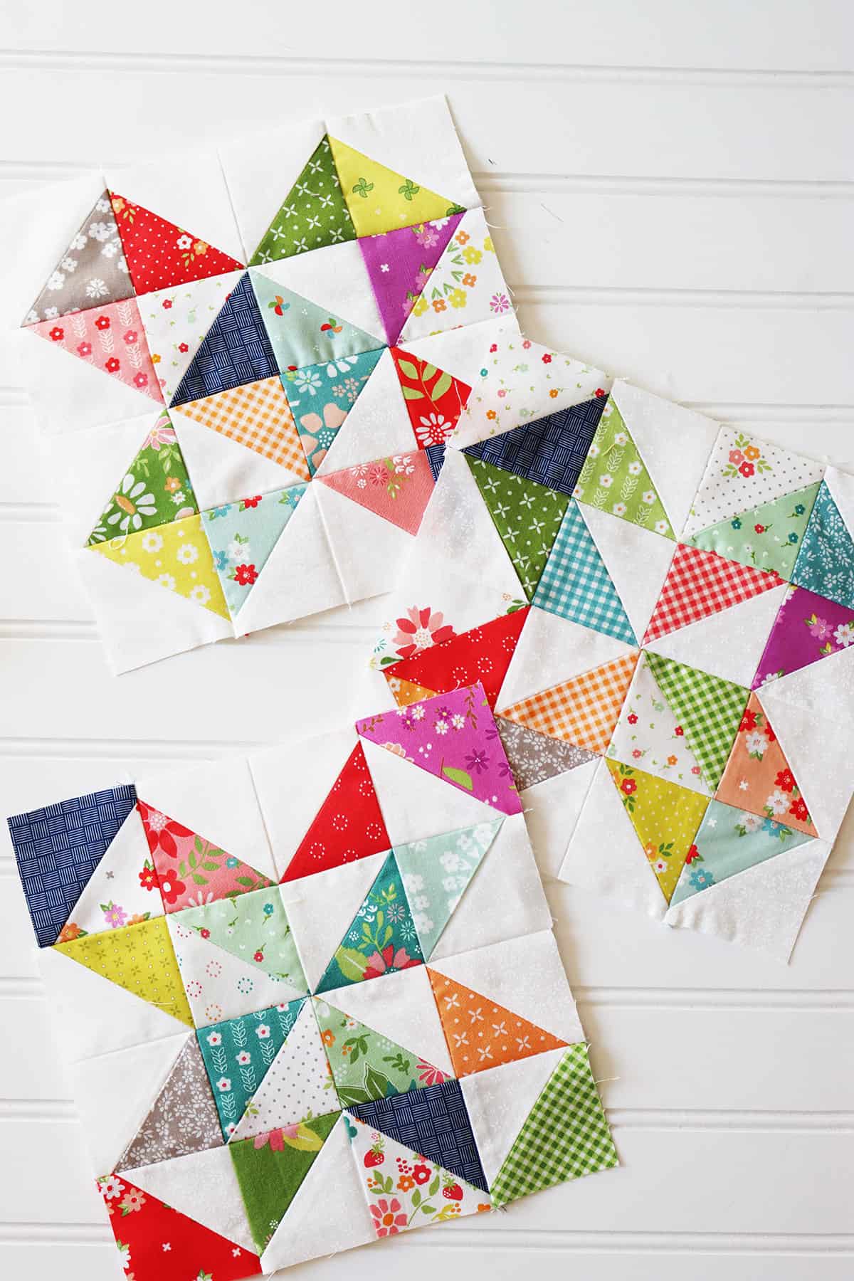 Scrappy half-square triangle blocks by Sherri from A Quilting Life