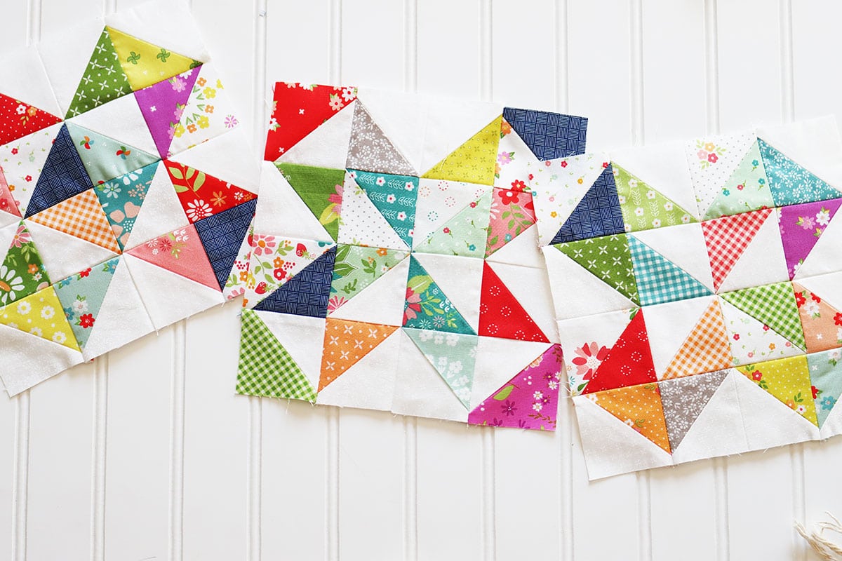 Scrappy half-square triangle blocks by Sherri from A Quilting Life