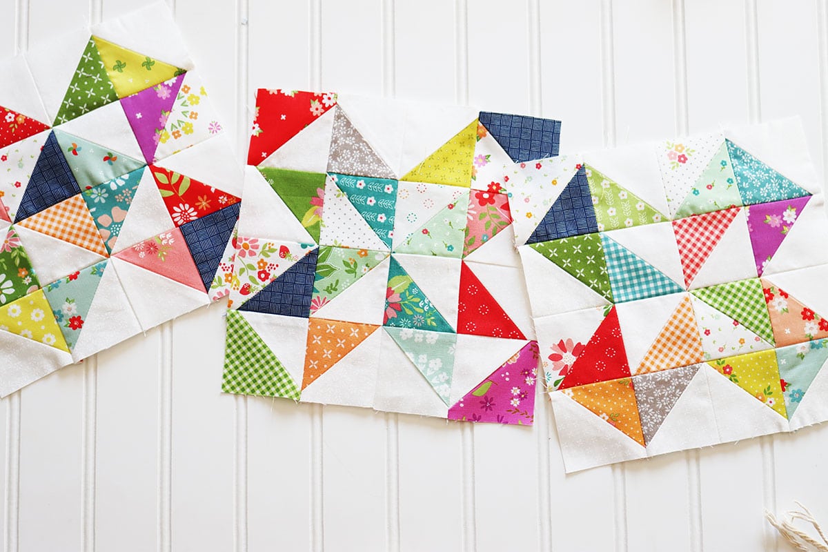 Scrappy half-square triangle blocks by Sherri from A Quilting Life