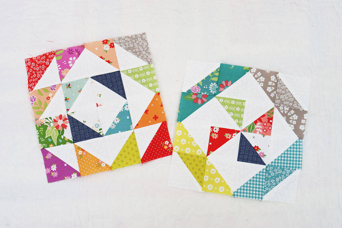 Colorful half square triangle quilt blocks by Sherri from A Quilting Life