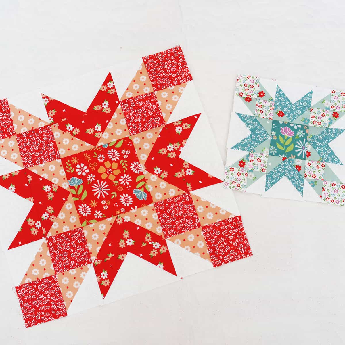 Moda Blockheads 5 Block 21 in two sizes with Laguna Sunrise fabrics sewn by Sherri McConnell of A Quilting Life 