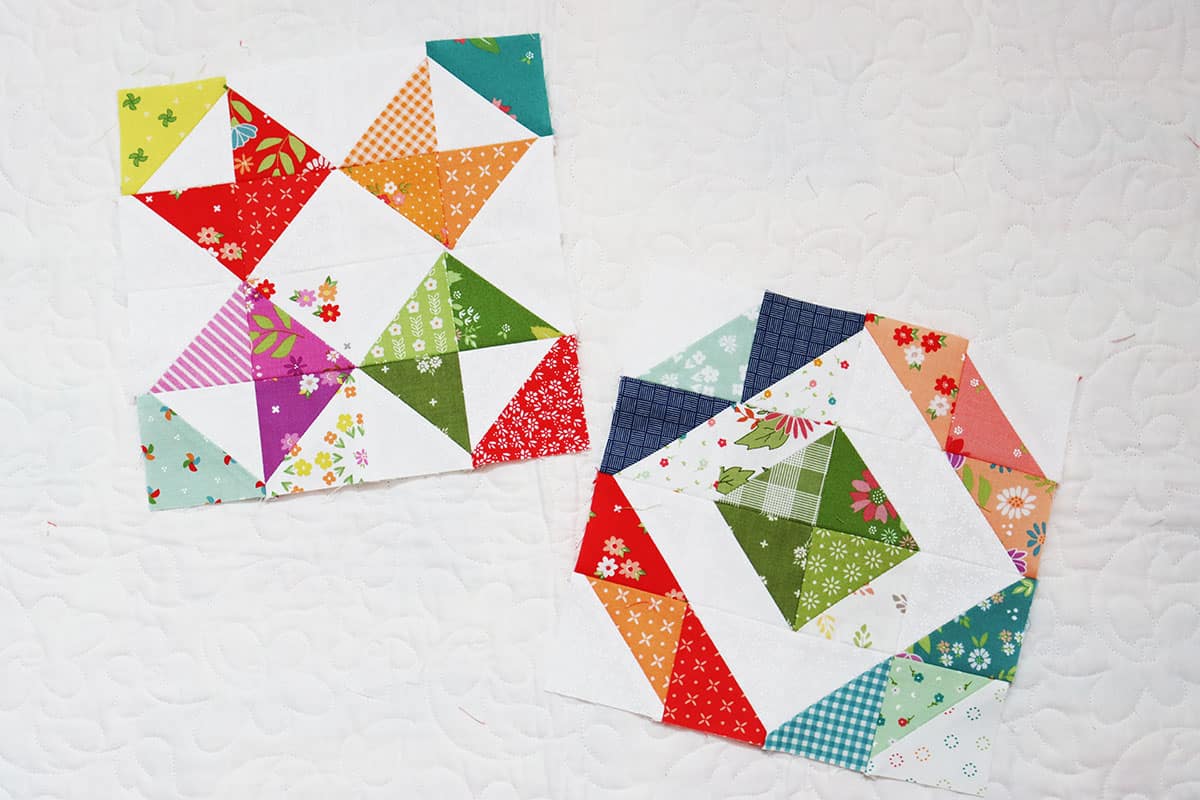Scrappy half square triangle blocks in fabrics by Sherri & Chelsi