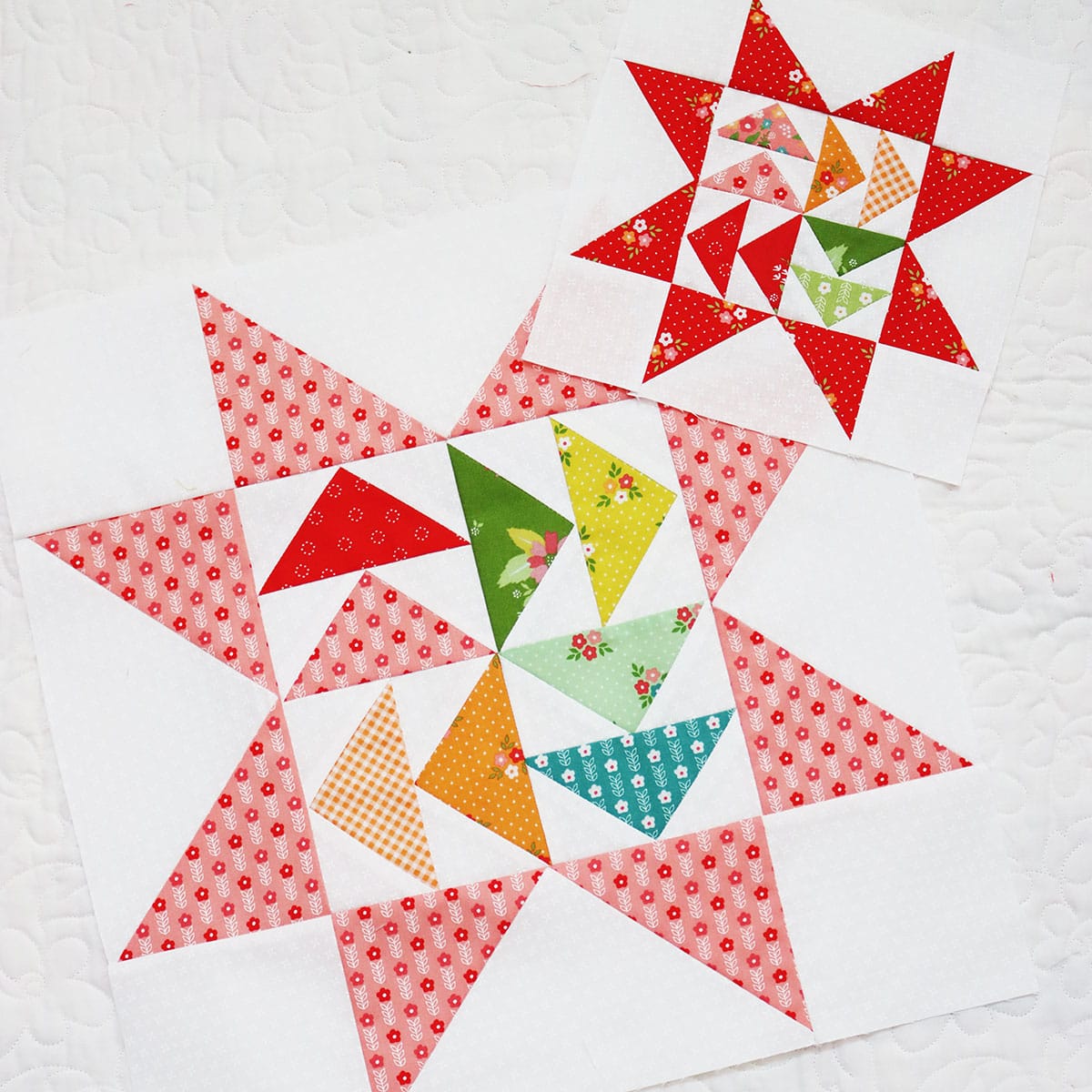 A Quilting Life Block of the Month July 2024 in Strawberry Lemonade fabrics by Sherri & Chelsi for Moda Fabrics