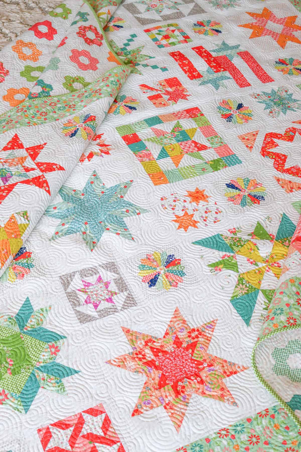 Moda Blockheads 5 quilt by Sherri McConnell from A Quilting Life with Strawberry Lemonade, Laguna Sunrise, and Raspberry Summer fabrics