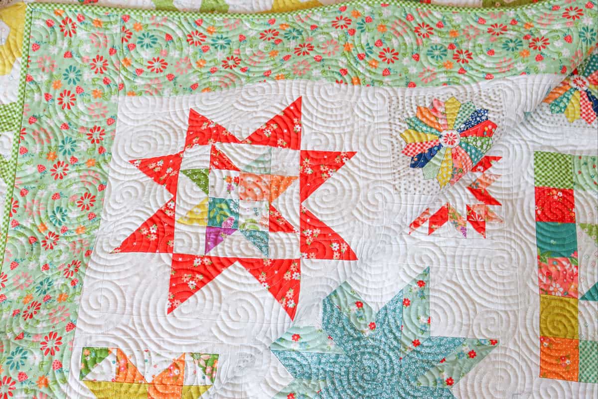 Moda Blockheads 5 quilt by Sherri McConnell from A Quilting Life with Strawberry Lemonade, Laguna Sunrise, and Raspberry Summer fabrics
