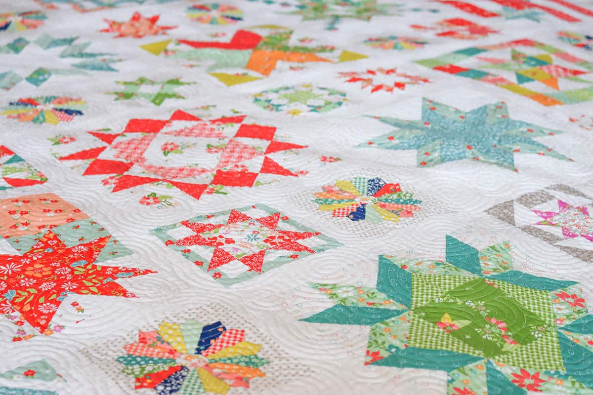 Moda Blockheads 5 quilt by Sherri McConnell from A Quilting Life with Strawberry Lemonade, Laguna Sunrise, and Raspberry Summer fabrics