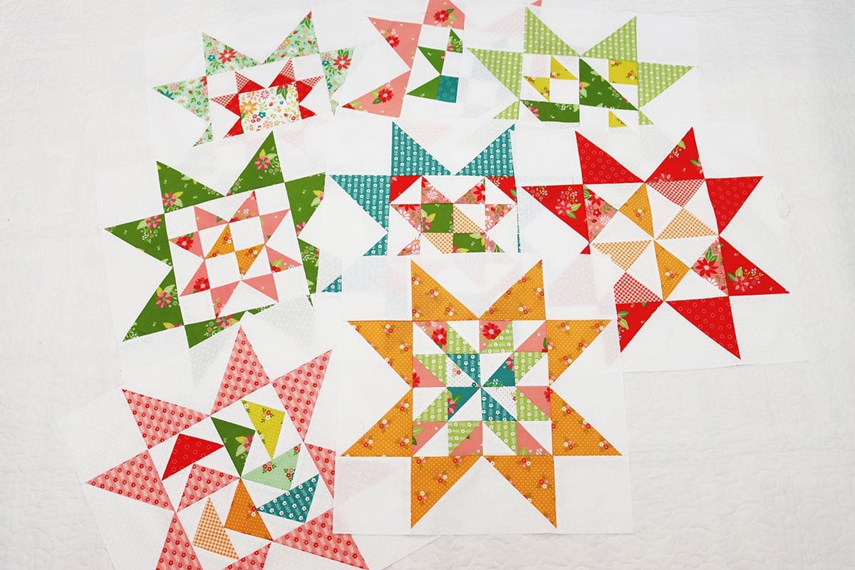 A Quilting Life 2024 Block of the Month Blocks in Strawberry Lemonade Fabrics